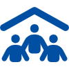 Icon of three people under a roof, symbolizing family or community.