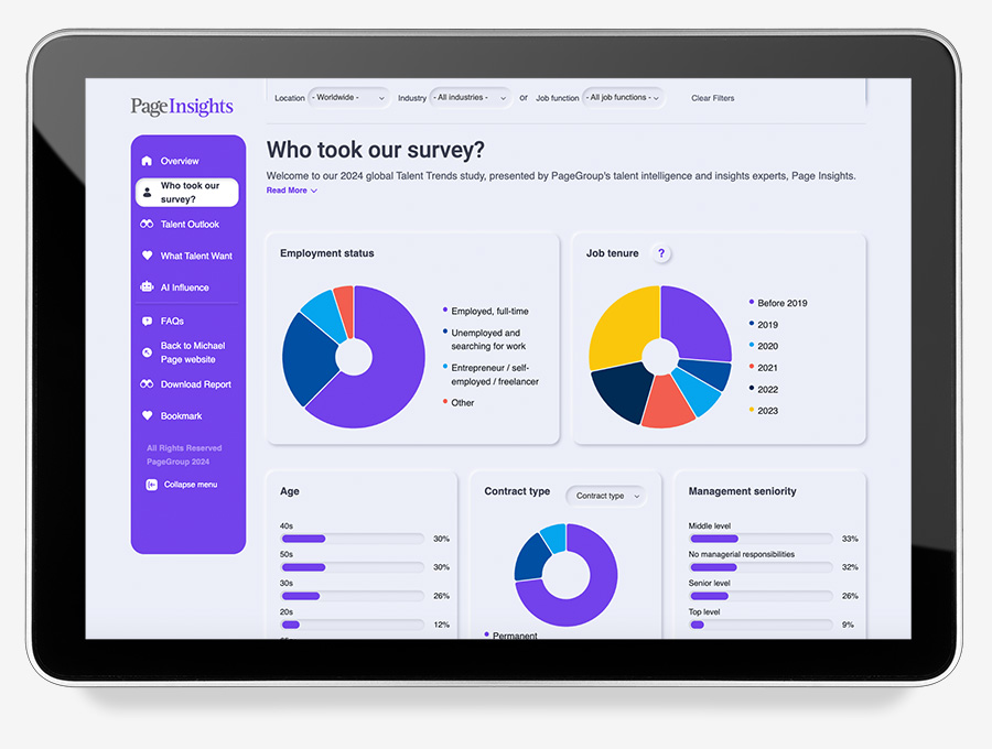 Tablet displaying survey results dashboard with pie charts on employment and job tenure.