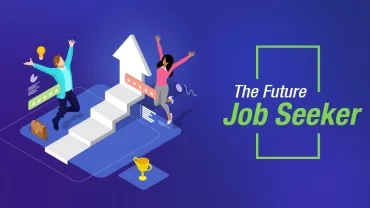 Illustration of two people jumping near stairs and an arrow, with text 'The Future Job Seeker'.