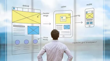 Man looking at wireframe sketches for desktop, tablet, and mobile designs on a clear board.