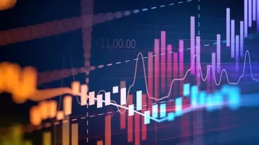 Colorful financial graphs and charts on a digital display.