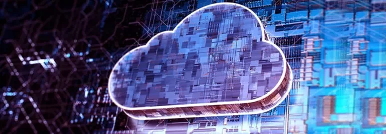 Digital cloud icon on a blue circuit board background.