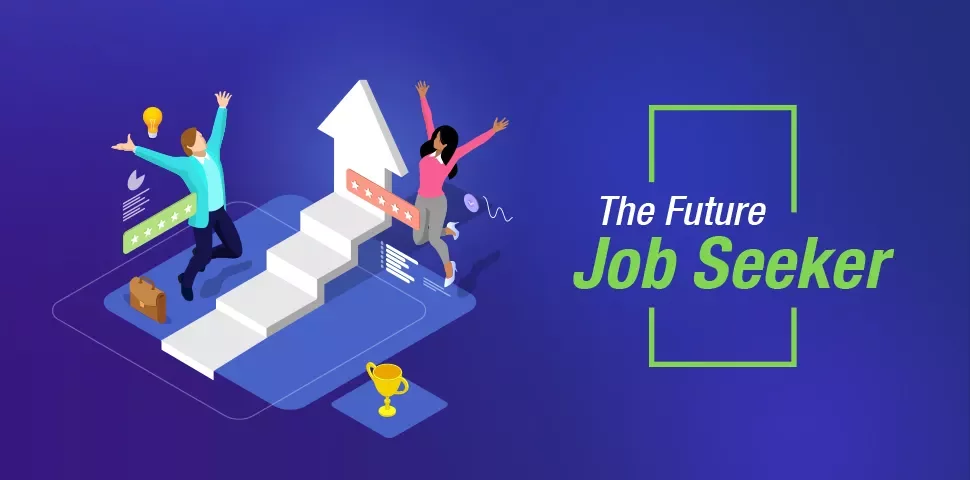 Illustration of two people jumping near stairs and an arrow, with text 'The Future Job Seeker'.