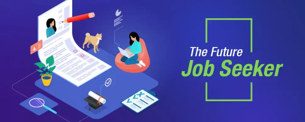 Illustration of a person reading with resume, dog, and job tools around, titled 'The Future Job Seeker'.