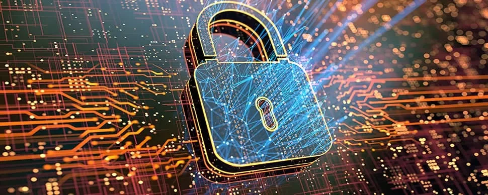 Digital padlock symbolizing cybersecurity on a circuit board background.