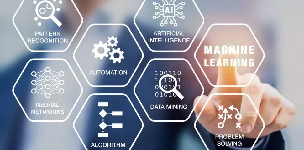 Person pointing at hexagons labeled with tech concepts like AI, machine learning, and data mining.