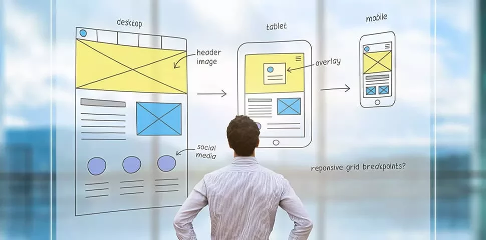 Man looking at wireframe sketches for desktop, tablet, and mobile designs on a clear board.