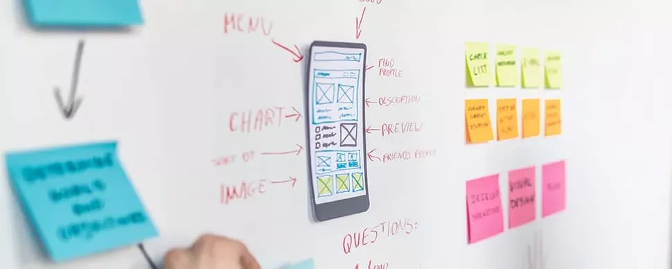 Whiteboard with mobile wireframe and sticky notes for app design.
