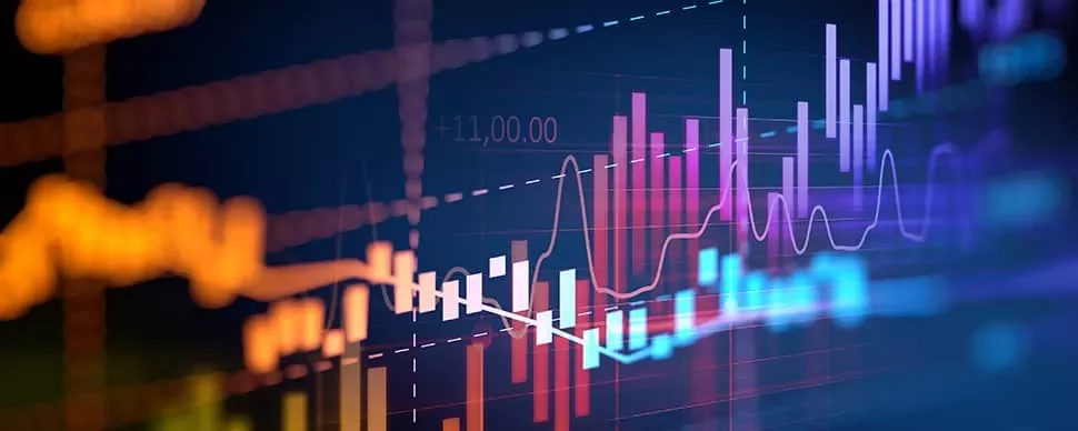 Colorful financial graphs and charts on a digital display.