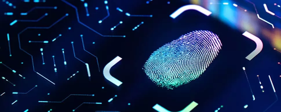 Digital fingerprint on a glowing circuit board background, symbolizing security technology.