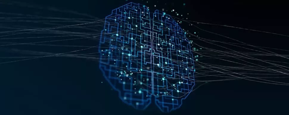 Abstract digital brain with interconnected pathways and glowing nodes.