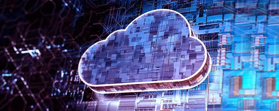 Digital cloud icon on a blue circuit board background.