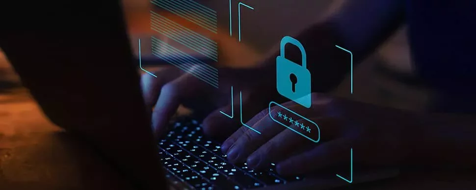 Hands typing on a keyboard with a digital lock and password symbol overlay.