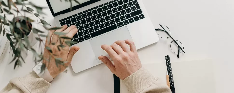 Person using a laptop on a desk with a notebook, pencil, glasses, and a plant nearby.