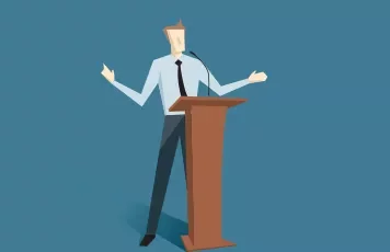 Illustration of a person speaking at a podium with a microphone, gesturing with both hands.