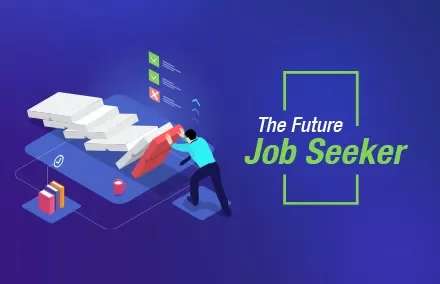 Illustration of a person analyzing charts titled 'The Future Job Seeker'