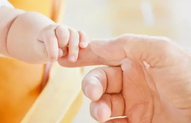 A baby's hand holding an adult's finger gently.
