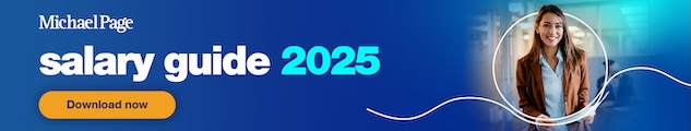 A female professional smiling in Michael Page's Salary Guide 2025 banner